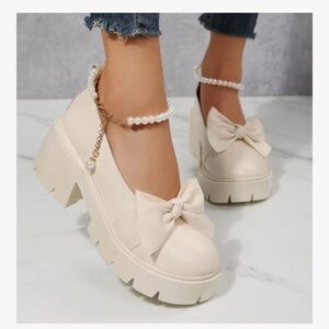 Women's White Platform Mary Jane Heels Faux Pearl Ankle Strap Bow Size 39 (US 8)